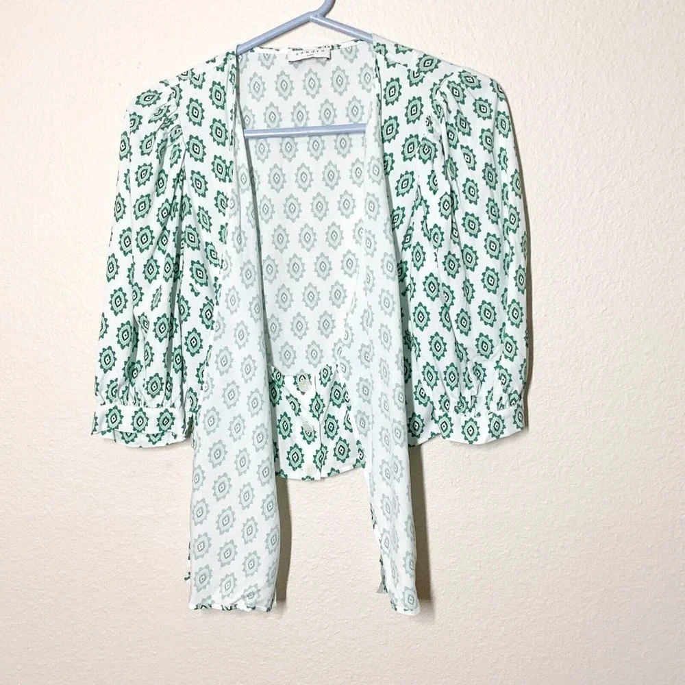 Sandro Namal Printed Crop Top 1 Small Waist Tie 3/4 Balloon Sleeve White Green - Picture 3 of 7